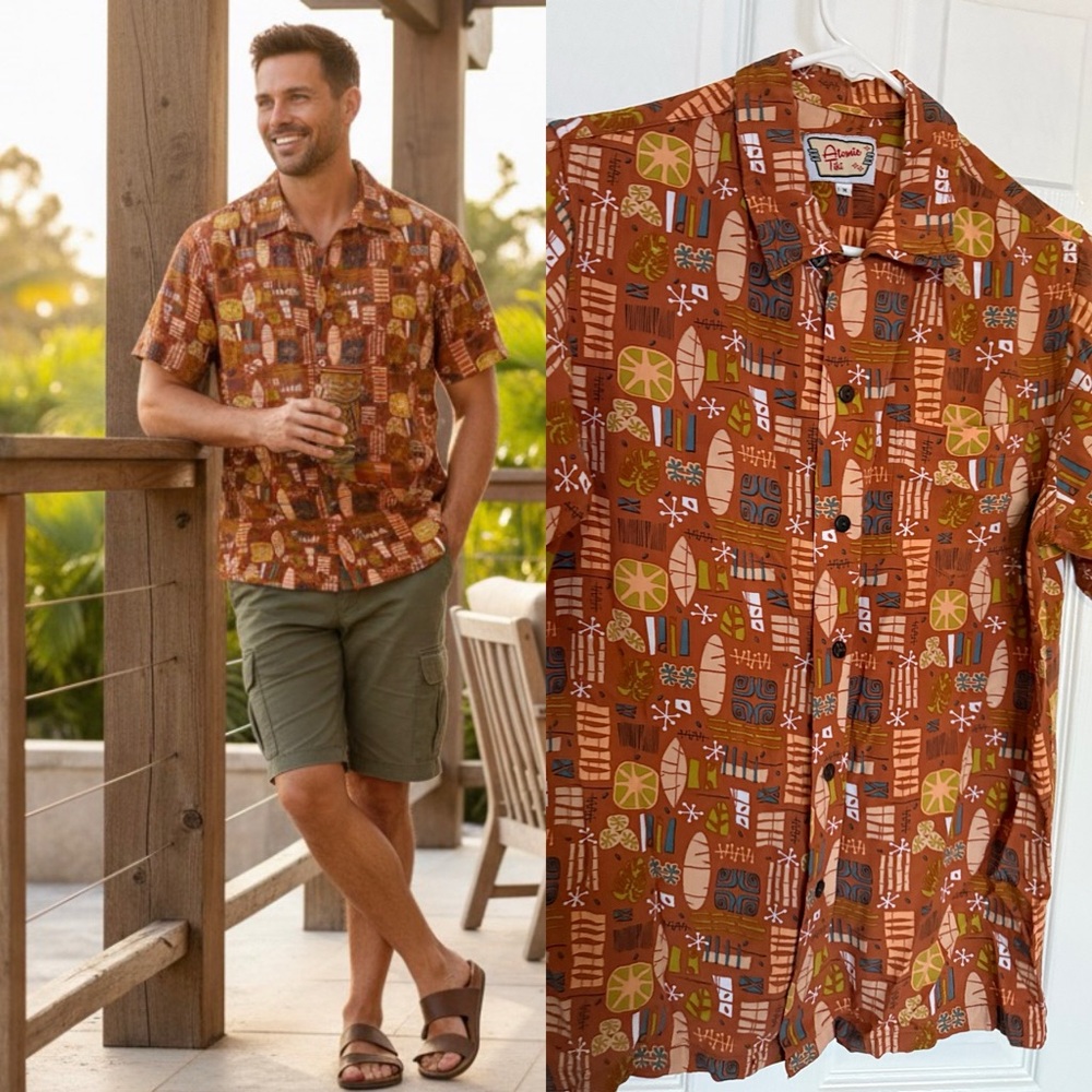 Atomic Tiki Aloha Shirt Men’s M Rayon Tiki Surfboard Print